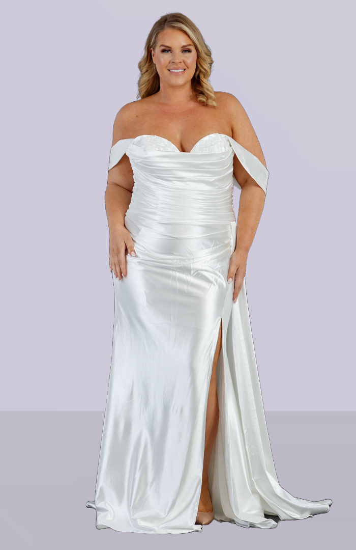 Red Carpet Glamour - a slinky satin sheath dress with a sweeetheart neckline and off-the-shoulder straps