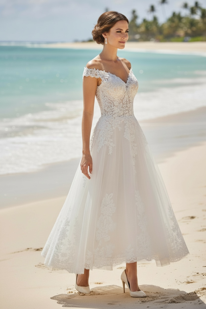 Evita Tea Length Wedding dress ~ a pretty tea party off the shoulder gown |  WED4LESS OUTLETS ~ Wedding Dress & Bridesmaid Dress Outlets | Stockport |  Newcastle | Burton | West Bromwich | Halifax
