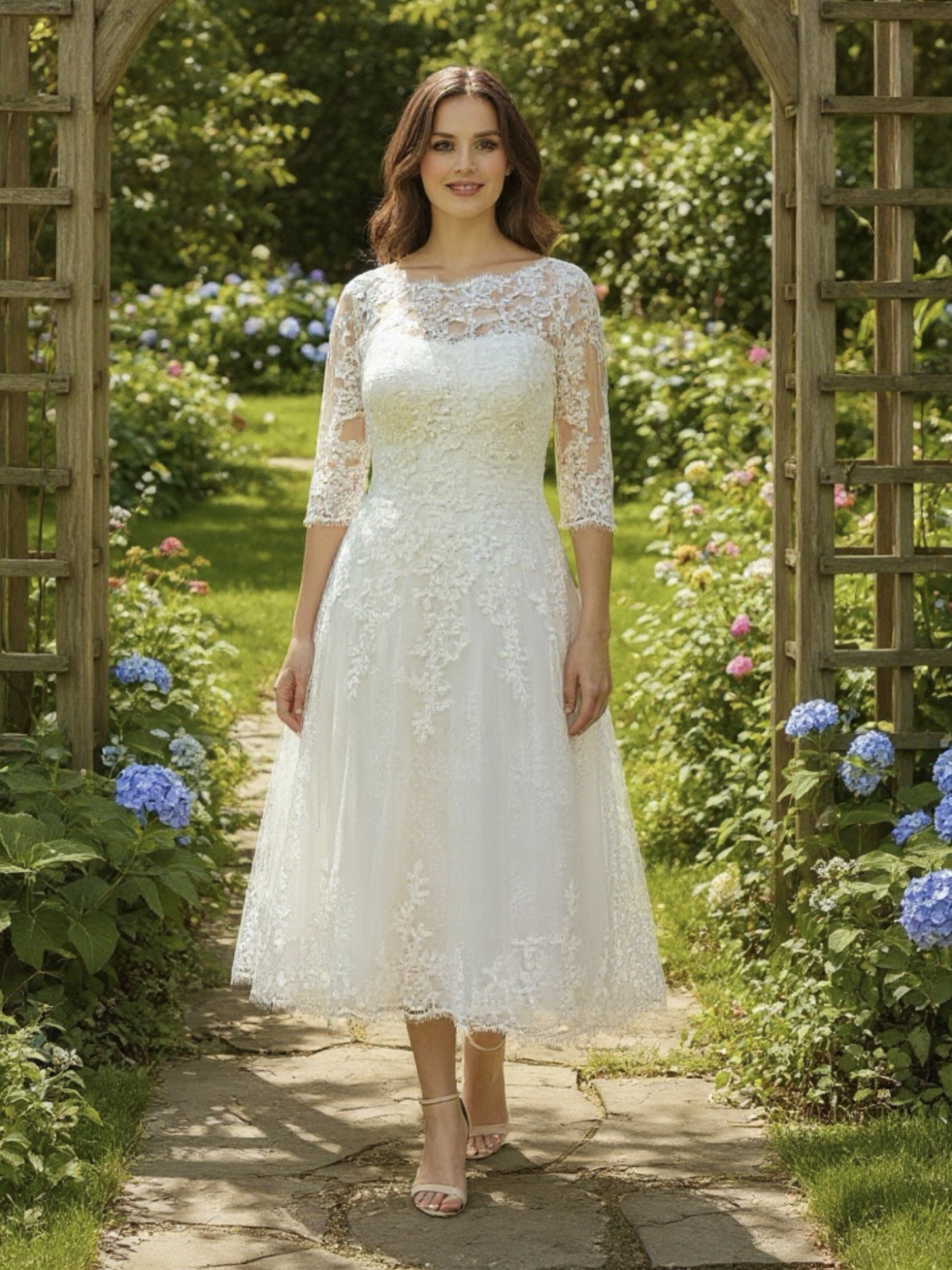 Rose Boat Tea Length- below the knee wedding gown with an illusion neckline and sleeves