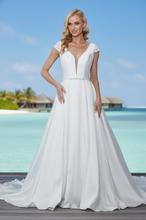 All Sweetness And Light - a demure satin A-line gown with pretty beaded capped sleeves and delicate bow belt
