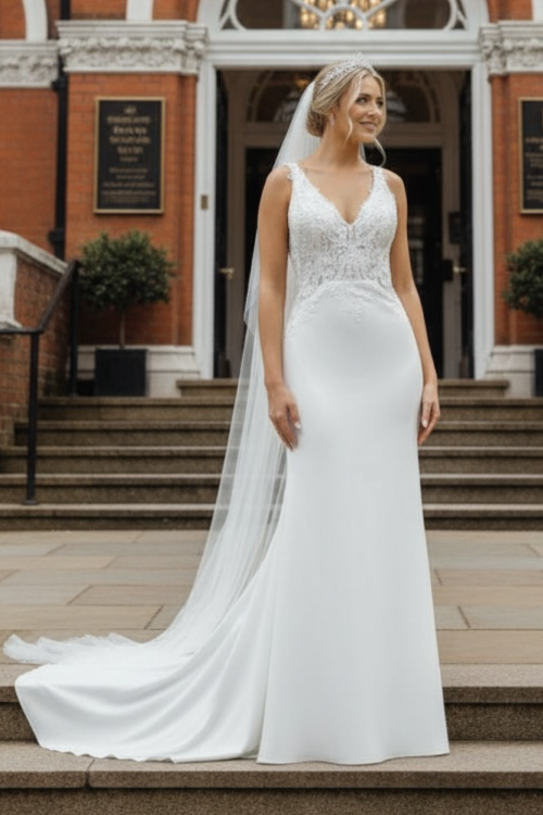 Allegra - the most stunning mermaid sheath gown with an on the shoulder bodice and detailed full length train