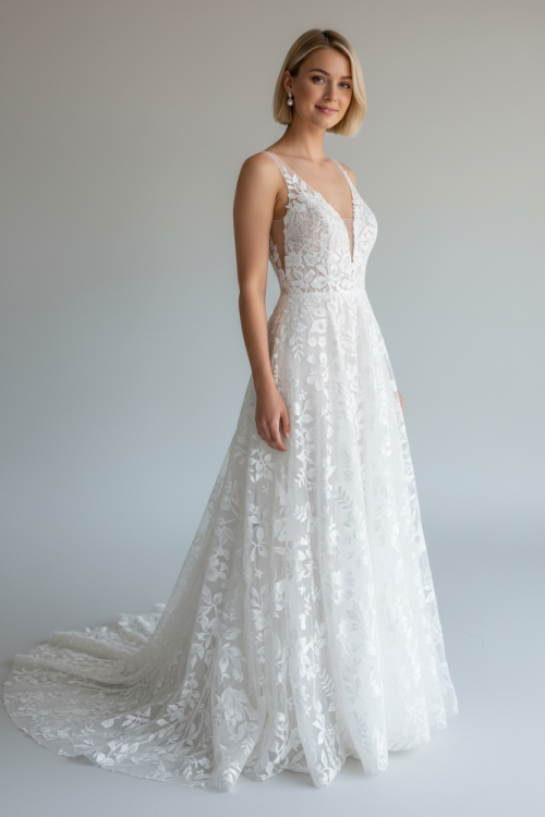 Tia - a stunning all over leaf patterned gown with a low plunge neckline and a-line draped skirt