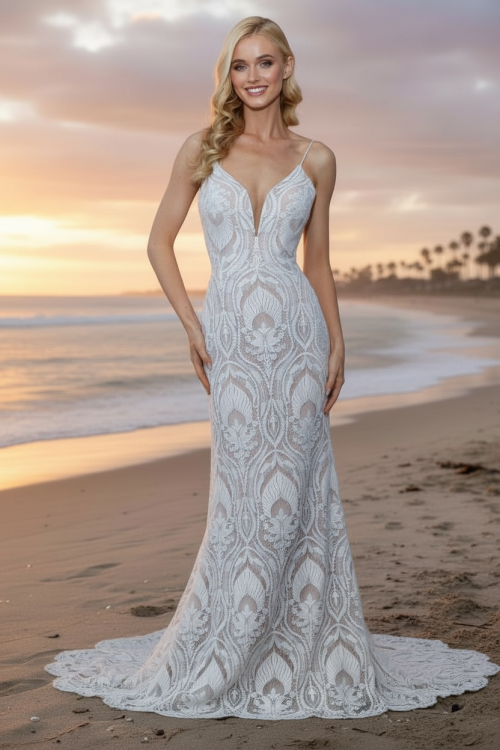 Lucaya Beach - a unique all-over patterned gown with tonal lining to enhance the lace details