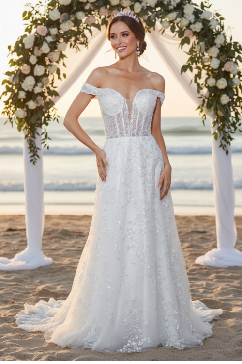 A Fairytale Come True - a beautiful beaded A-Line gown with a corset bodice and off-the-shoulder straps