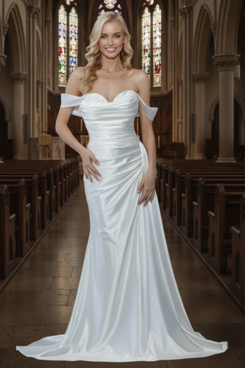 Red Carpet Glamour Bride - a slinky satin fitted gown with a sweetheart neckline and off the shoulder straps