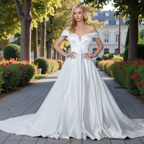 Belle - a dramatic satin plunge neckline gown with a stunning full ball gown skirt and long train