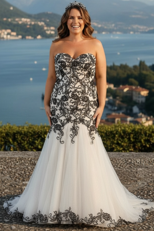 Twilight Zone - a dramatic showstopping fit and flare gown with lace embellishments and stunning train