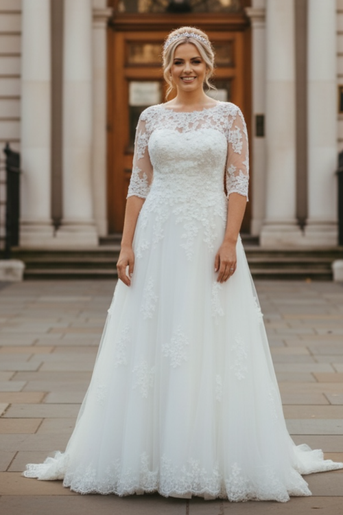 Roseboat - A gorgeous lace A-line gown with all over lace pattern and an illusion neck and sleeves