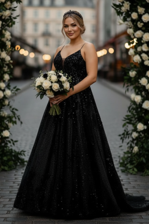 Tiger Lily Black - an intricately hand-beaded creation with a beautiful V neckline and embellished train