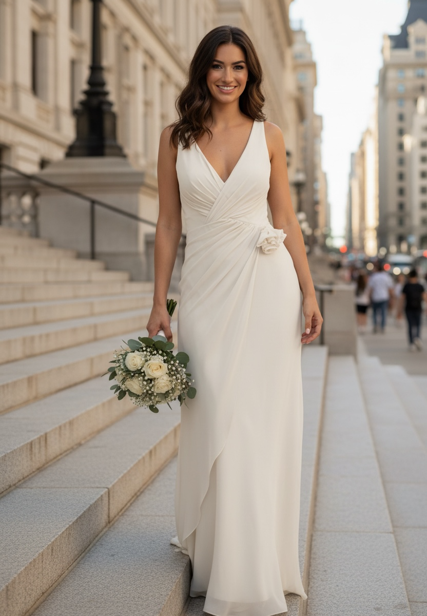 Gardenia – a soft chiffon lightweight gown with a Grecian vibe and optional rose detail